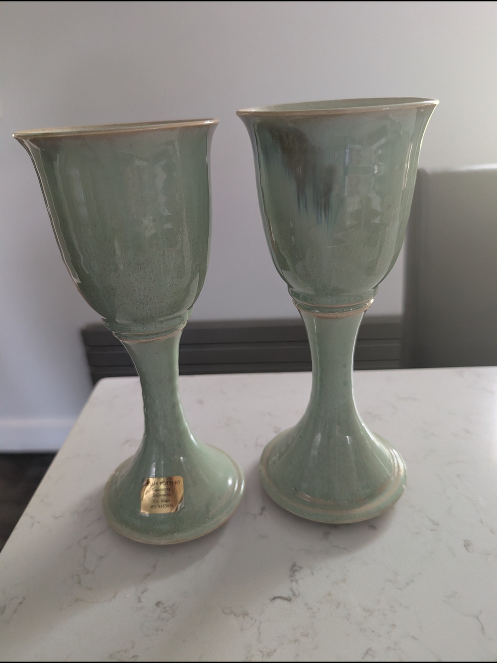 Irish Pottery Two Pedestal Goblets in Sage Green